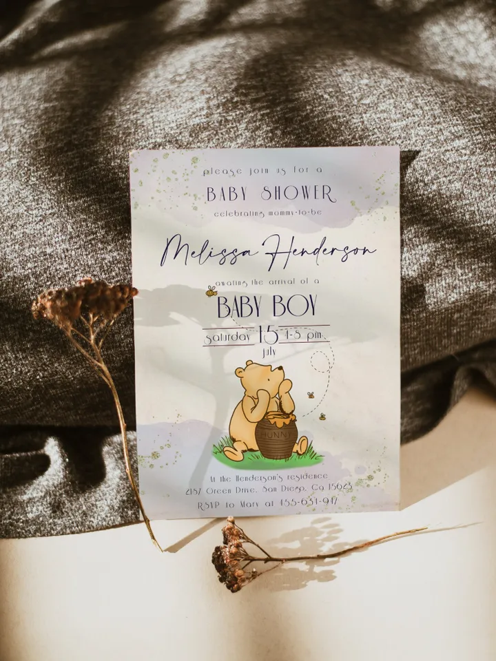 Classic Winnie Pooh Baby Shower Invitation Set; Boy Baby Shower Template; Blue Baby Shower Invite; Honey Bear Invite; Winnie Template
