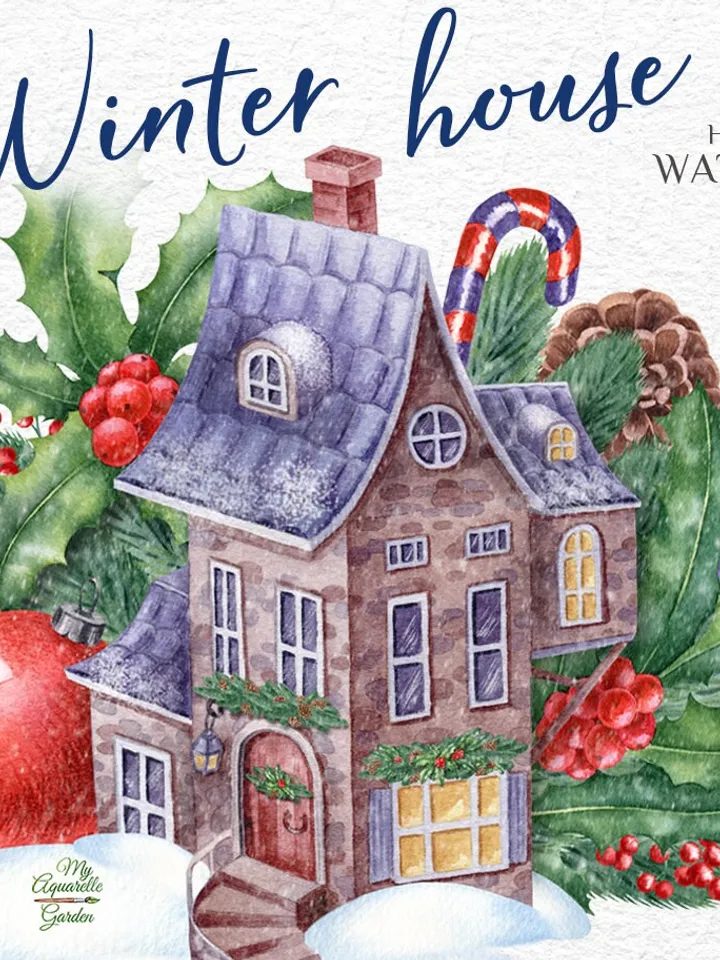 Winter house Watercolor hand-painted images Christmas New Year DIY holiday wishes cards Invite Stickers Scrapbooking Wall art Printable PNG