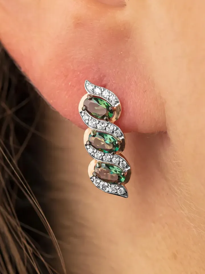 Earrings jewelry Silver gold plated 925 assay value with tourmaline and cubic zirconia