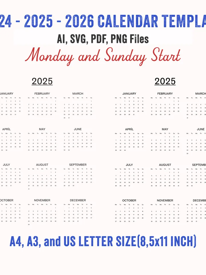 2024-2025-2026 Yearly Calendar, Monday and Sunday Start, One Page Calendar, Transparent Calendar, Ai/Pdf/Svg/Png Calendar Template