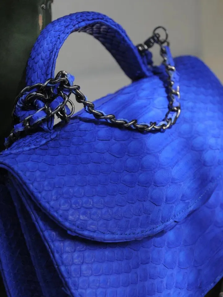 Genuine Python Skin Top Handle Bright Blue Crossbody Bag | Exotic Leather Bags | Snakeprint Bag | Handmade Designer Bag | Gift For Her