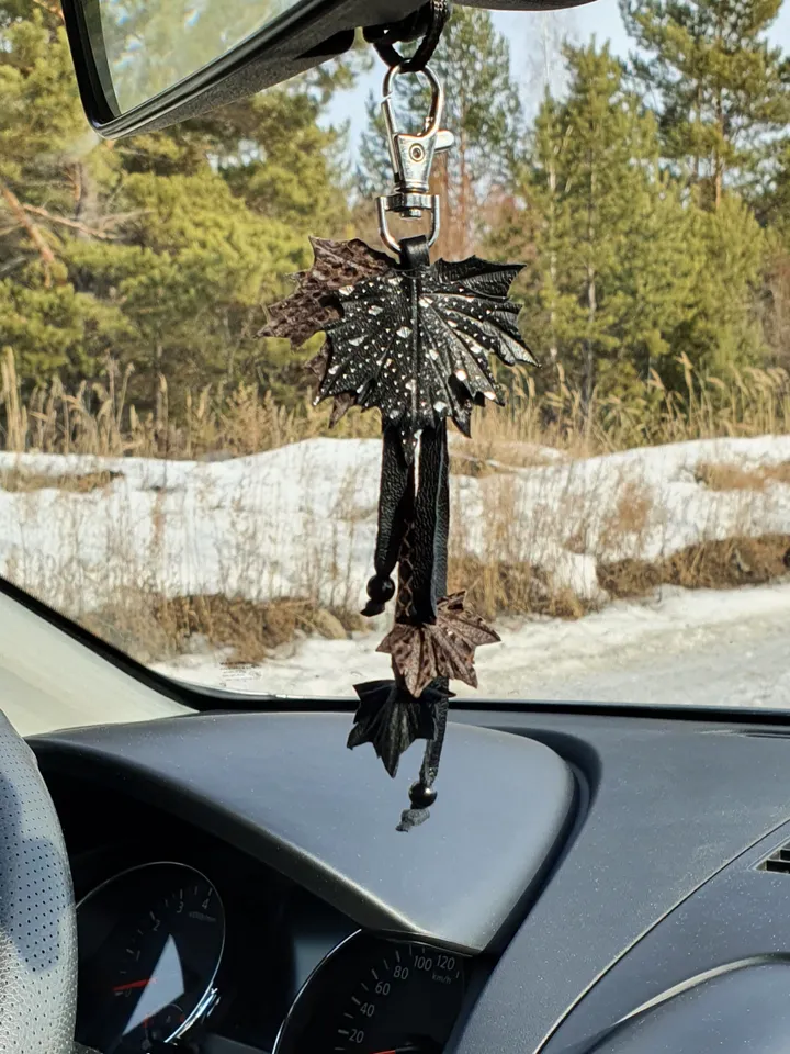 Black maple Leaf Keychain Leather tassel charm Leather Pendant