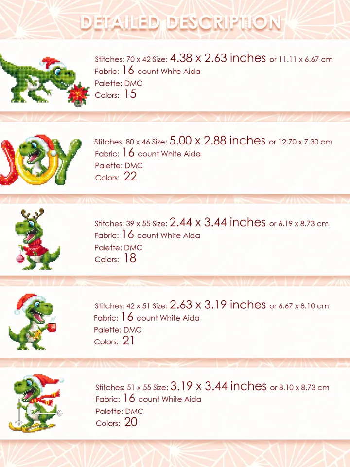 Funny dinosaur christmas cross stitch pattern PDF download, Set of 10 small dinosaur cross stitch chart, Cute dino pattern digital PDF #N120