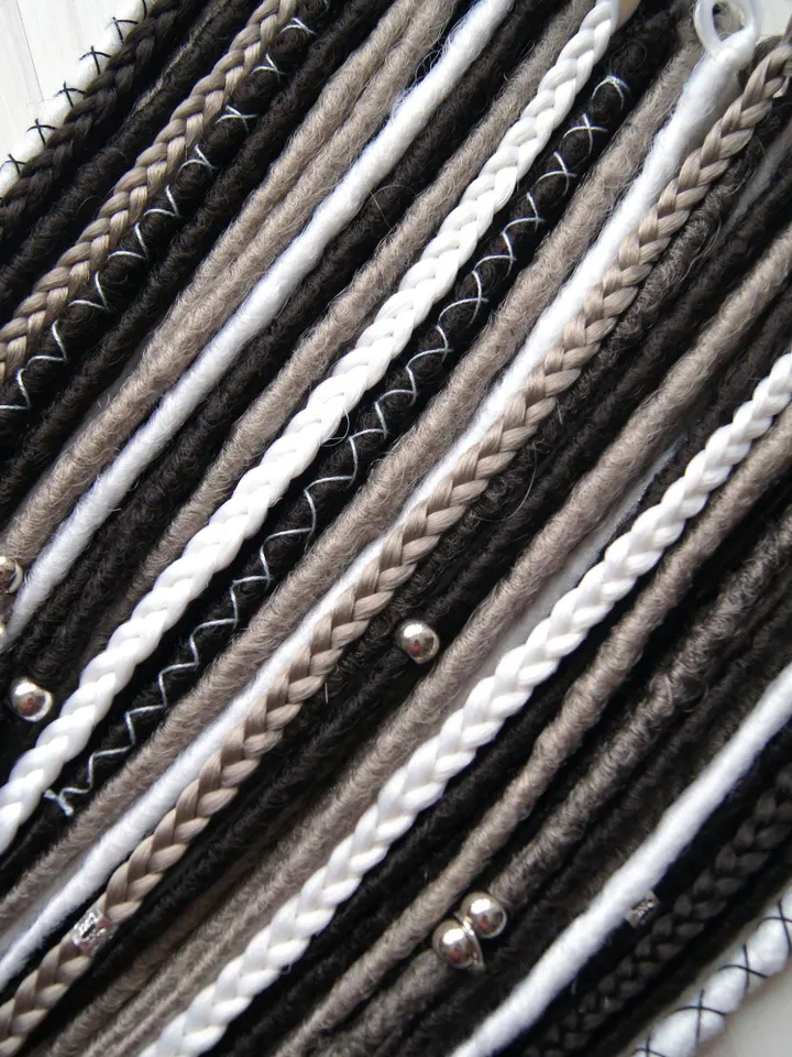 Smooth Dreadlock Extensions Set Synthetic Dreads Statement hair in Natural Brown and White Gray Shades, Boho Dreadlock Hair Extensions