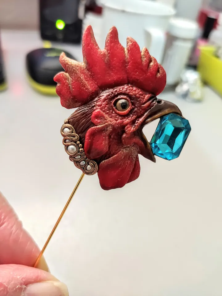Brooch Rooster. Original handmade brooch with precious stones and pearls.