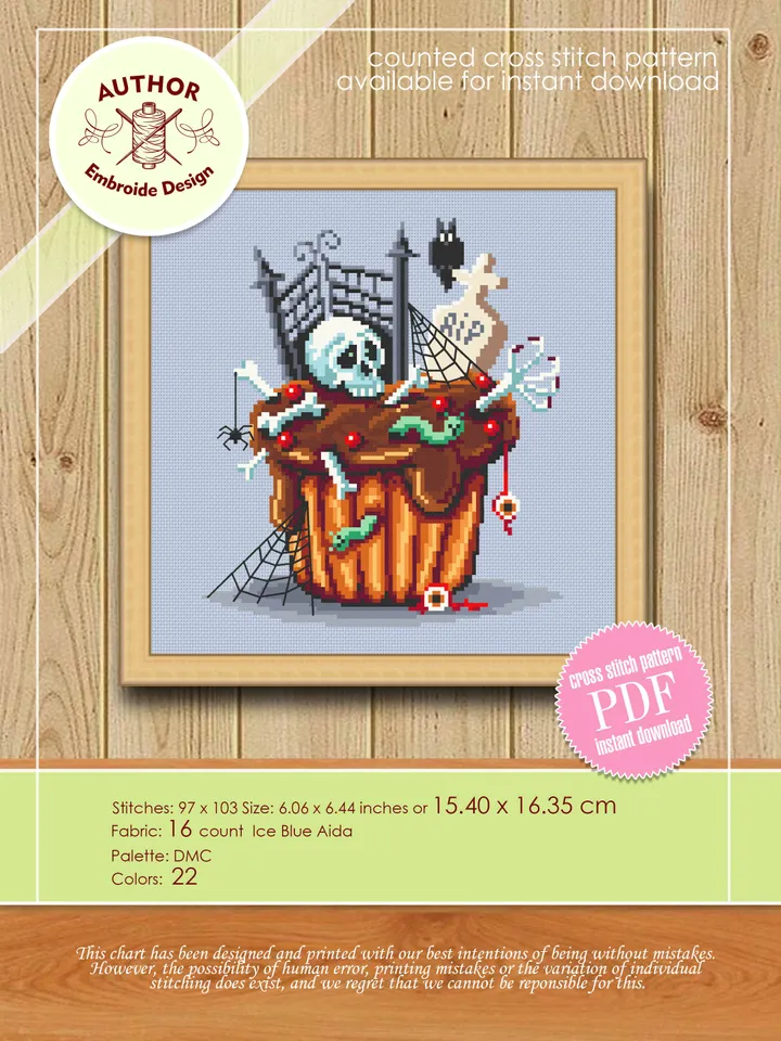 Halloween cupcake cross stitch pattern PDF download Sweet food cross stitch chart Halloween dessert pattern digital PDF Happy Halloween #S50