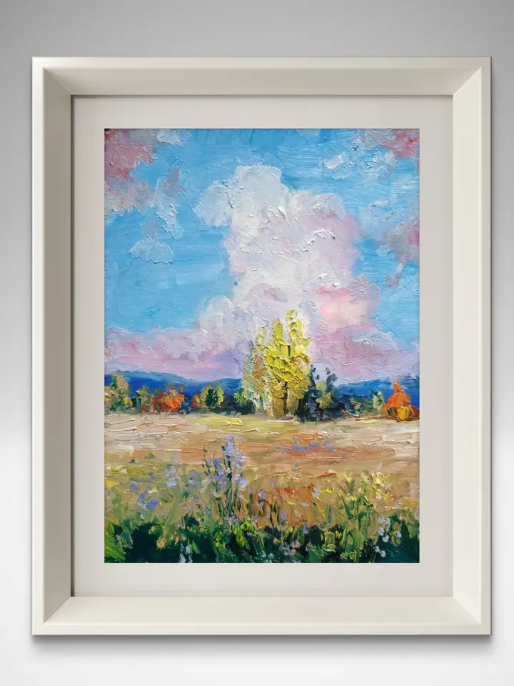 Oil painting scenery nature original painting wall art home decor,panoramic landscape sky clouds field of herbs and plants wall art decor