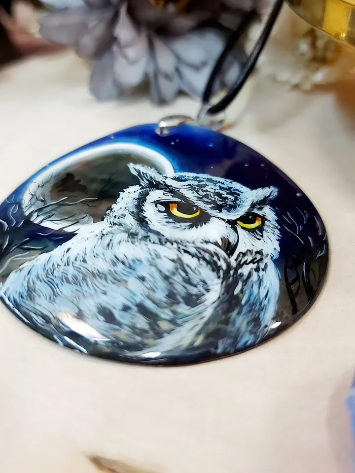 Pearl pendant necklace: Wild Eagle owl at moon night on lacquer necklace. Gorgeous nature on aesthetic pendant. Graceful animal gift for her