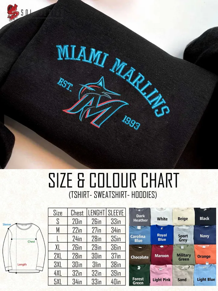 Miami Marlins Est 1993 Embroidered Sweatshirt, MLB Embroidered Sweatshirt, MLB Miami Marlins T Shirt, MLB Baseball Team Embroidered Hoodie, Unisex Crewneck, MLB Team Fan Gift Tee