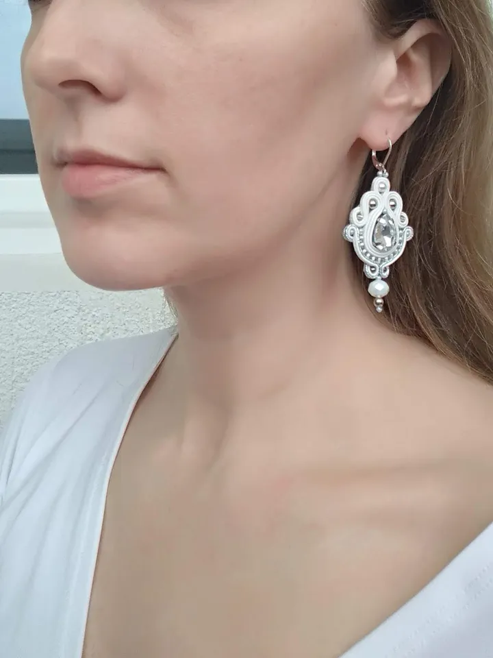 Wedding Earrings, White Silver Bridal earrings, rhinestone earrings, soutache earrings