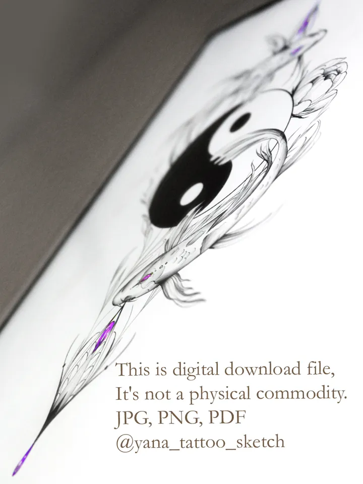 Koi Fish Yin Yang Tattoo Design Koi Fish Yin Yang Tattoo Idea Drawing Sketch, Instant download JPG, PDF, PNG