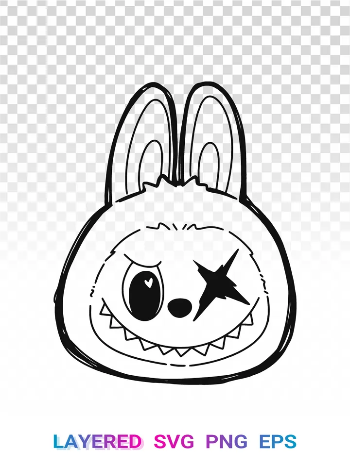 Outline Labubu PNG, Black White Layered SVG, Star ⭐ Eye Labubu Cricut