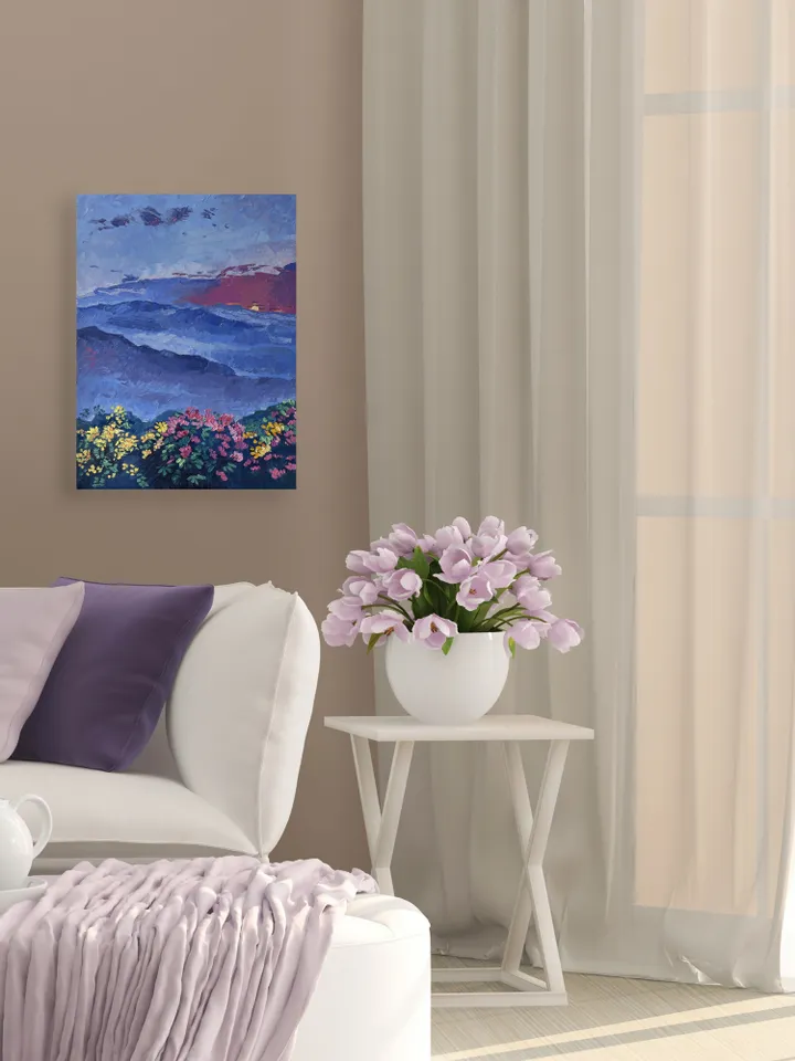 Smoky Mountains painting Sunset original art Blue Mountains artwork Flower Meadow wall art by Natalia Plotnikova