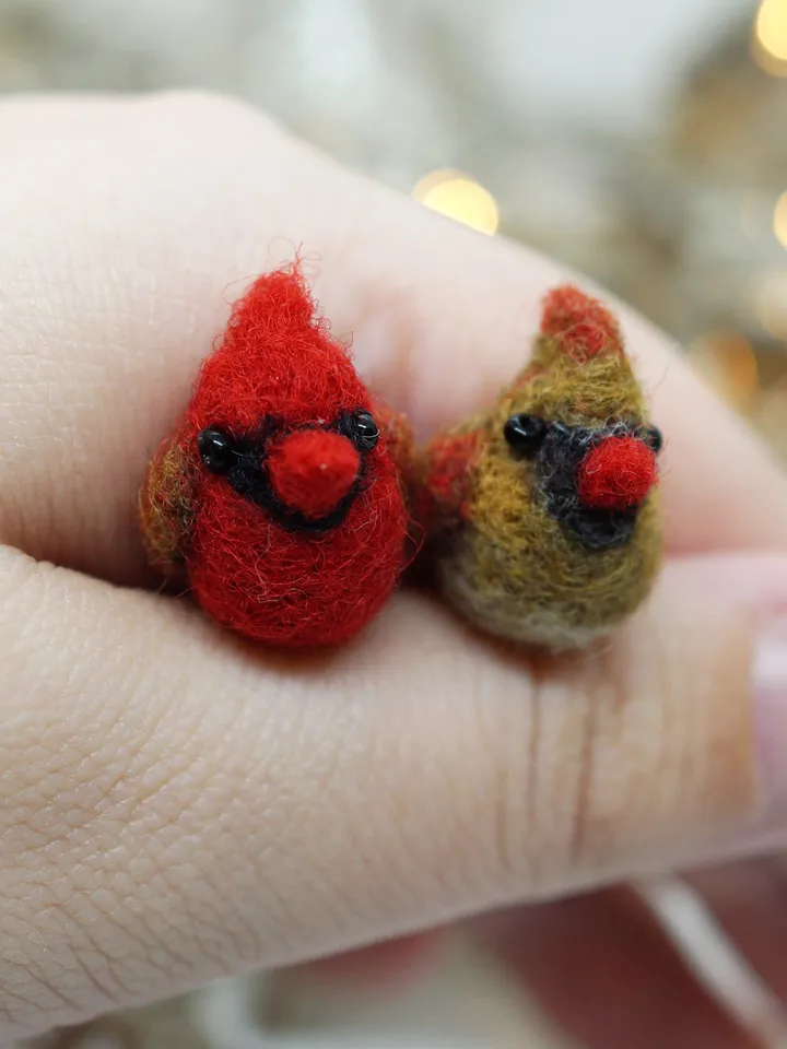 Couple of tiny needle felted cardinals, miniature bird, male and female Northern cardinal, made to order