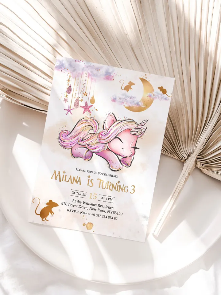 Unicorn Birthday Invitation Editable Unicorn Party Invitation Magical Day is on the Way Magical Birthday Girl Pink Rose Gold Invitation; uc1