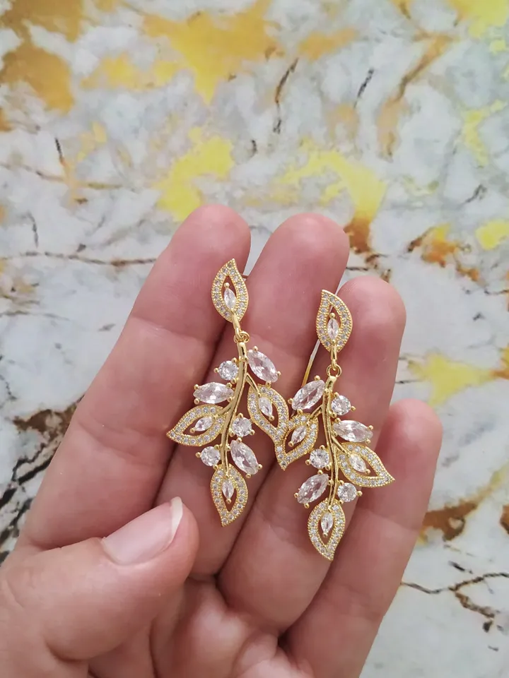 Full Zircon Rose Gold Leaf Wedding Earrings, Art Deco Jewellery Chandelier Statement Earrings, Vintage Style Floral Floral Wedding Jewelry,