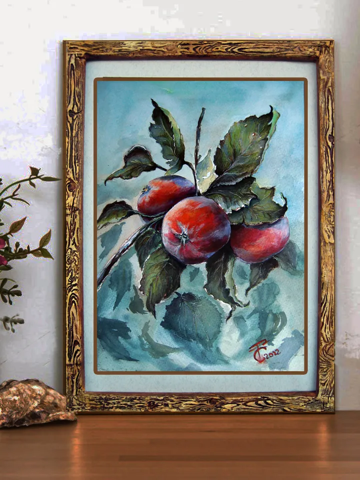 Branch of apples. Watercolor painting fruit apples 21x30 cm (8.3 х 11,7 inches)