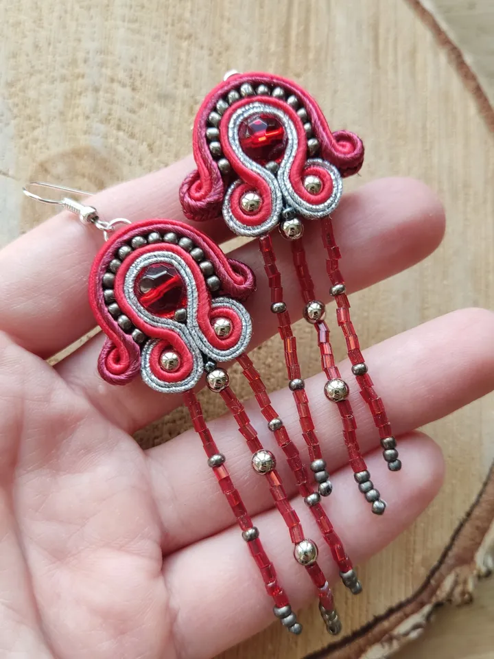 Red earrings, Long beaded earrings, tassel earrings, embroidered soutache earrings