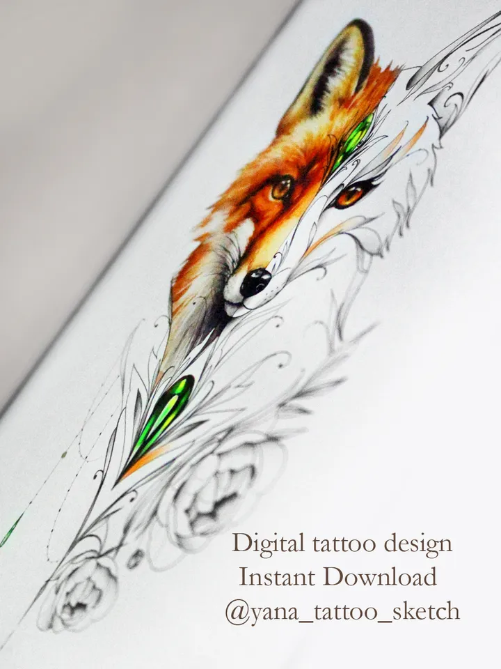 Fox Tattoo Design Fox Tattoo Drawing Idea For Females, Instant download PDF, JPG, PNG