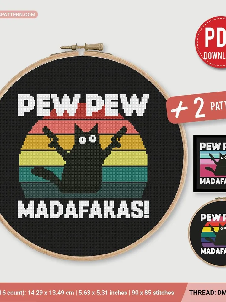 Pew Pew Madafakas meme Cross stitch pattern, Cat, Kitty, animals, beginner counted, modern chart, gift DIY, embroidery, instant PDF, digital