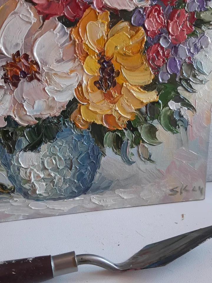 Small Flower oil painting Original art Textured Vaze wall art Yellow flowers painting