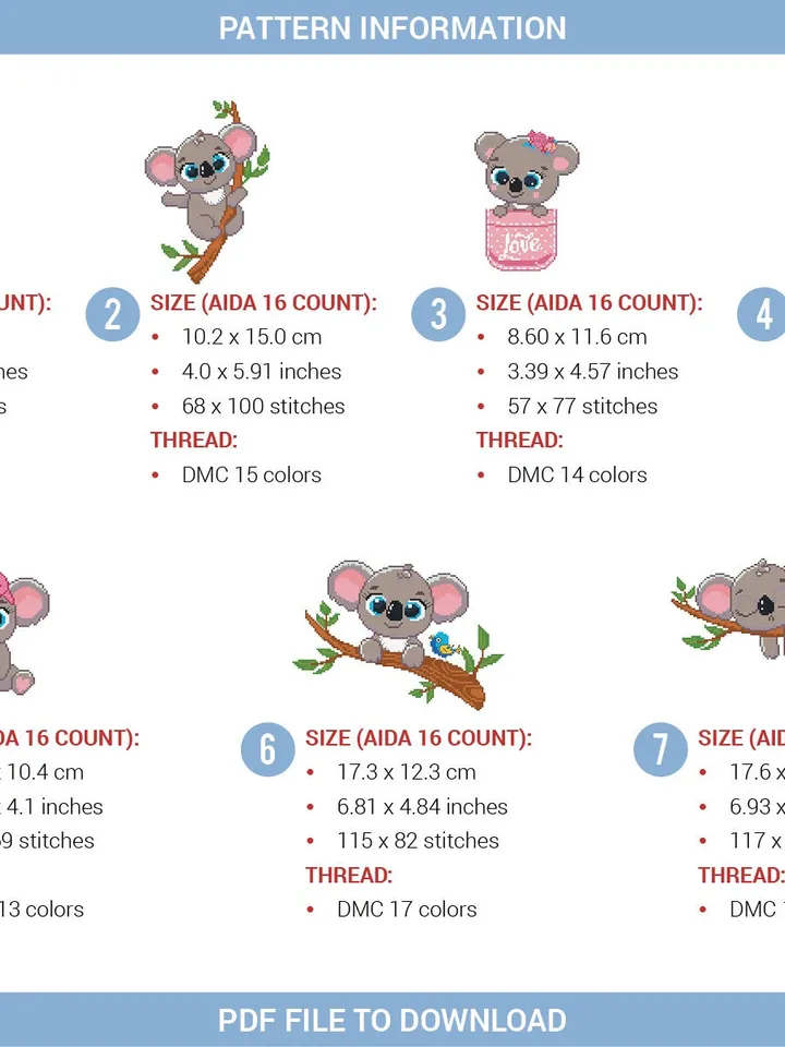 Koala Cub Bundle of 7 Cross stitch pattern | Embroidery Pattern | Instant Download | Embroidery Designs