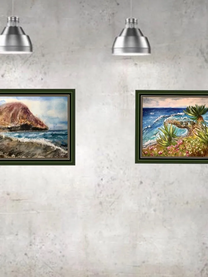 Canarian islands -Set of 2 watercolor paintings,Tenerife famous beaches original watercolor paintings,holidays,ocean,rocks,palms,waves