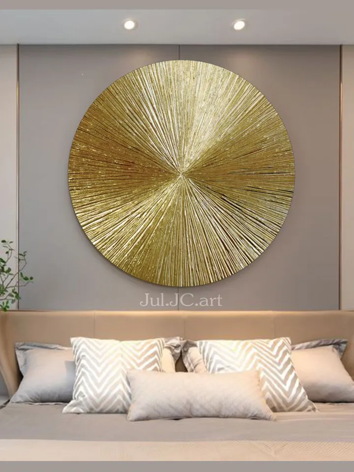 Golden Rays Abstract Wall Art Textured Original Painting on a round canvas | Gold Metallic Modern wall decor Gold Leaf Art