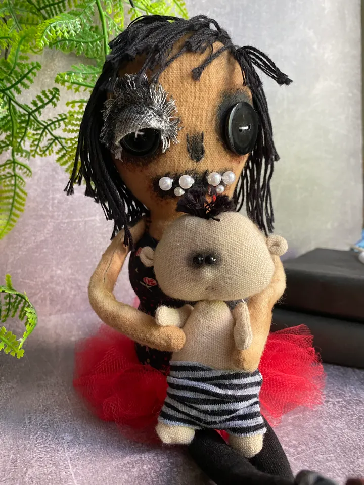 zombie family mother and son. handmade cloth dolls