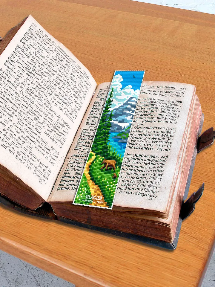 Glacier national park bookmark cross stitch pattern PDF download Nature cross stitch chart, Digital bookmark pattern, Bears, Mountains #B222