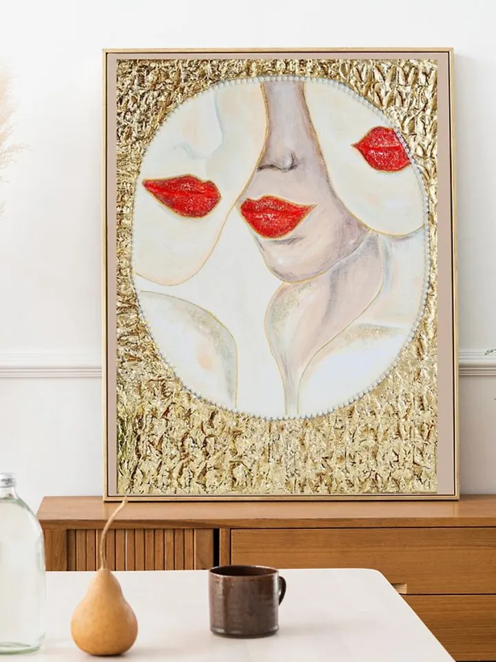 Handmade original wall painting Gold leaf painting on canvas 女人的脸在镜子里, 原创艺术, 肖像画
