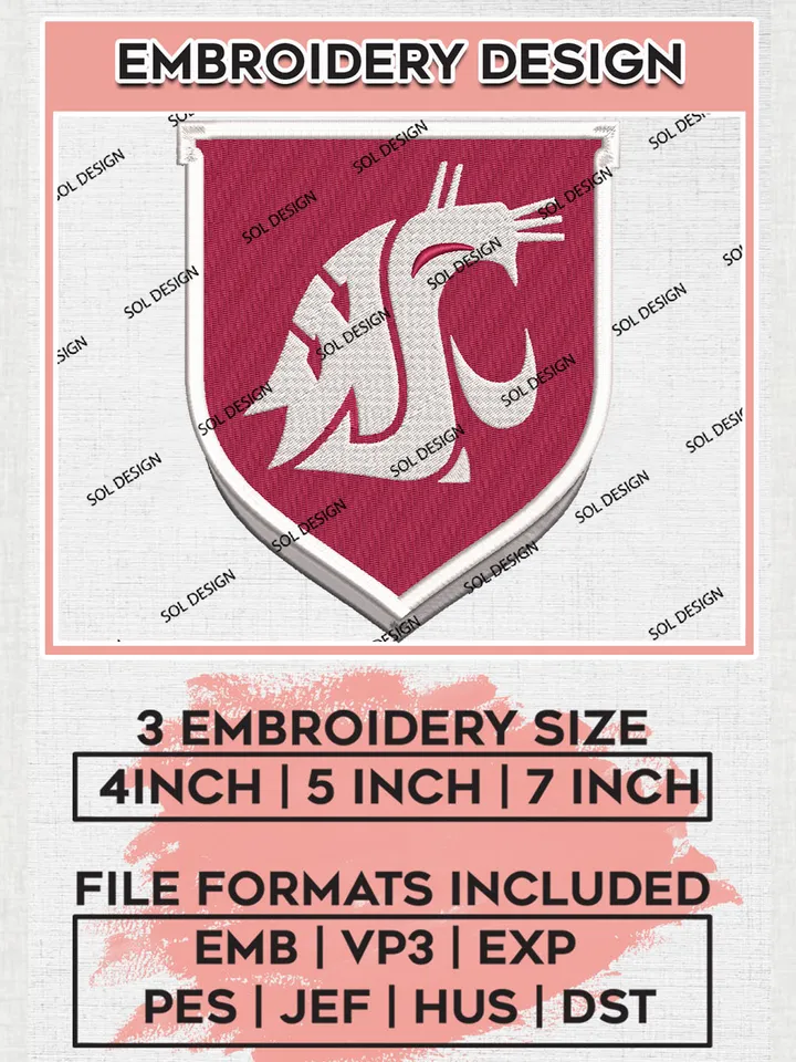 Washington State Cougars NCAA Football Team Logo Embroidery Design Files, NCAA Washington State Cougars Machine Embroidery, NCAA Teams, Game Day, 3 sizes, NCAA Machine embroidery designs, Digital Download