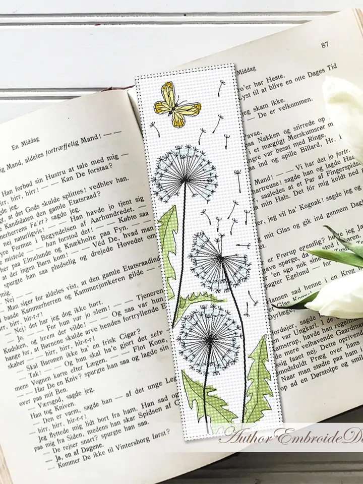 Dandelion bookmark cross stitch pattern download PDF Dandelion flowers cross stitch chart, Bookmark pattern digital, Floral backstitch #B413