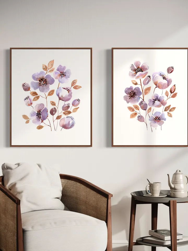 Purple Flowers Print, Watercolor Art Set Of 2, Farmhouse Decor ,Purple Wall Decor Print,Floral Wall Art, Flowers Decor, Purple Flowers Art