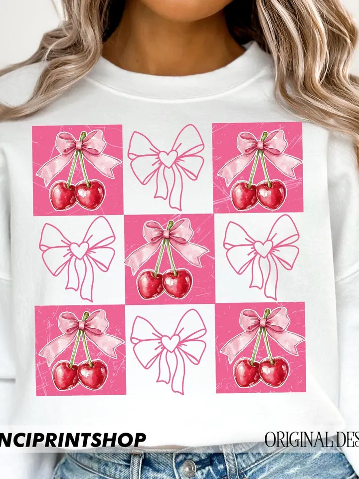 Checkered Cherry coquette png, Cherry Png, Trendy Valentines png, Pink Bow png, pink valentine coquette png, valentine png, retro valentine