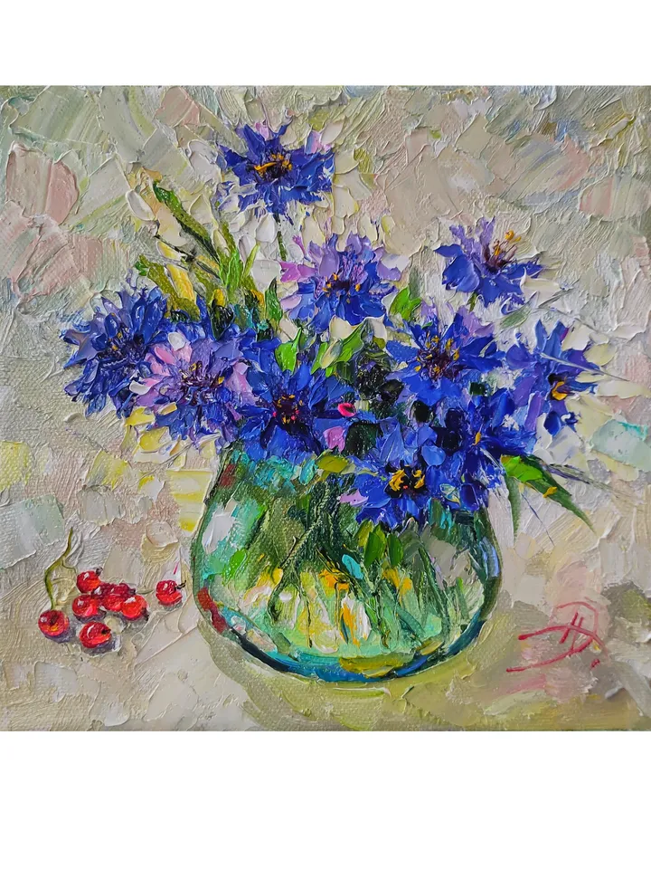 Flowers Bouquet Cornflowers Oil Painting on Canvas on a stretcher 8 by 8 inches Original Work Palette knife by Nata_Lena_Art