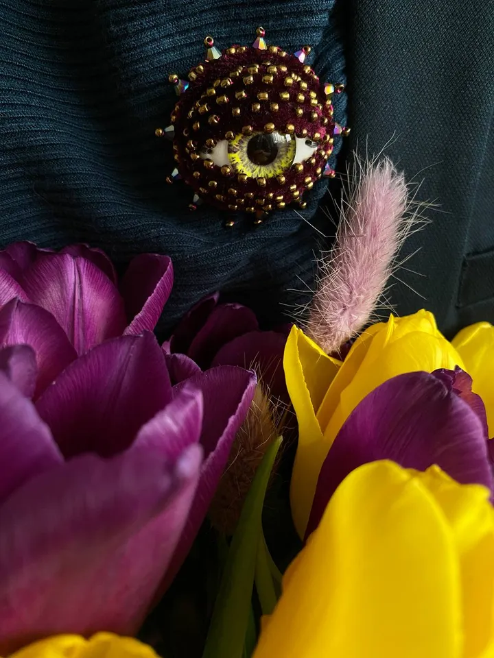 Medieval style yellow eyeball brooch, yellow Dragon Eye