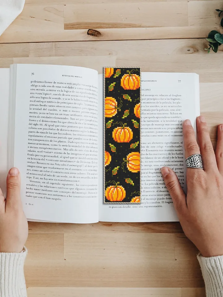 Pumpkin fall bookmark cross stitch pattern PDF download Pumpkin cross stitch chart Handmade bookmark digital pattern Autumn embroidery #B228