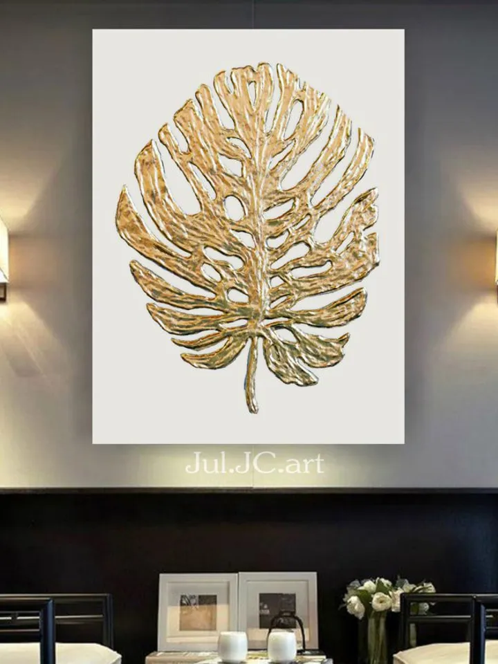 Golden Monstera Abstract Wall Art Floral Original Painting Textured artwork Gold Leaf Wall Art Modern wall decor