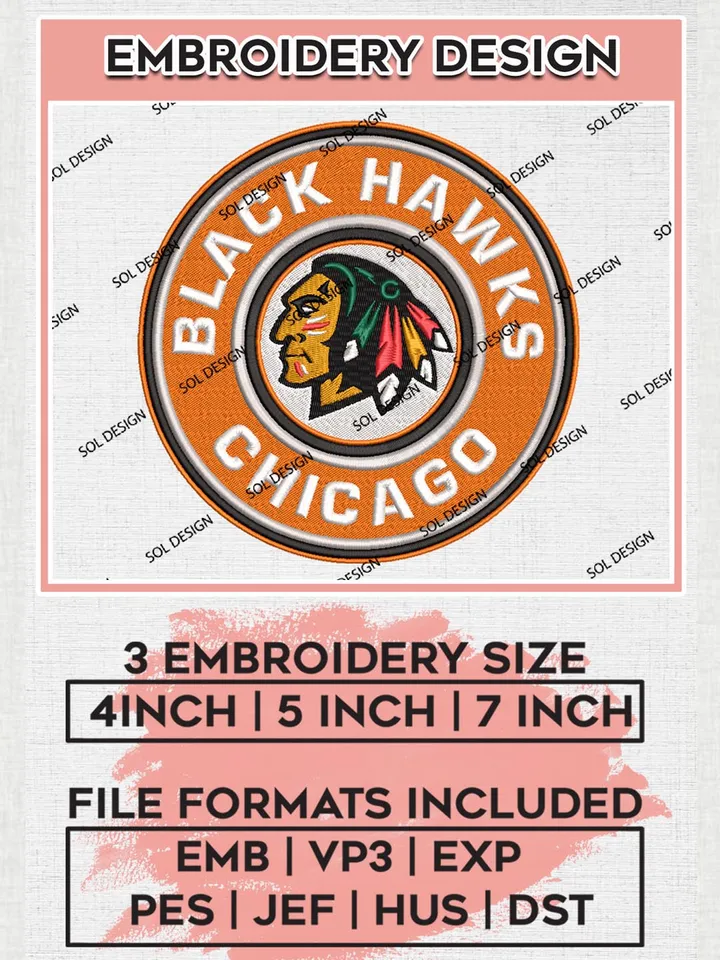 Chicago Blackhawks NHL Team Round Logo Embroidery Files, Chicago Blackhawks Team Embroidery Designs, NHL Logo embroidery designs, Digital Download