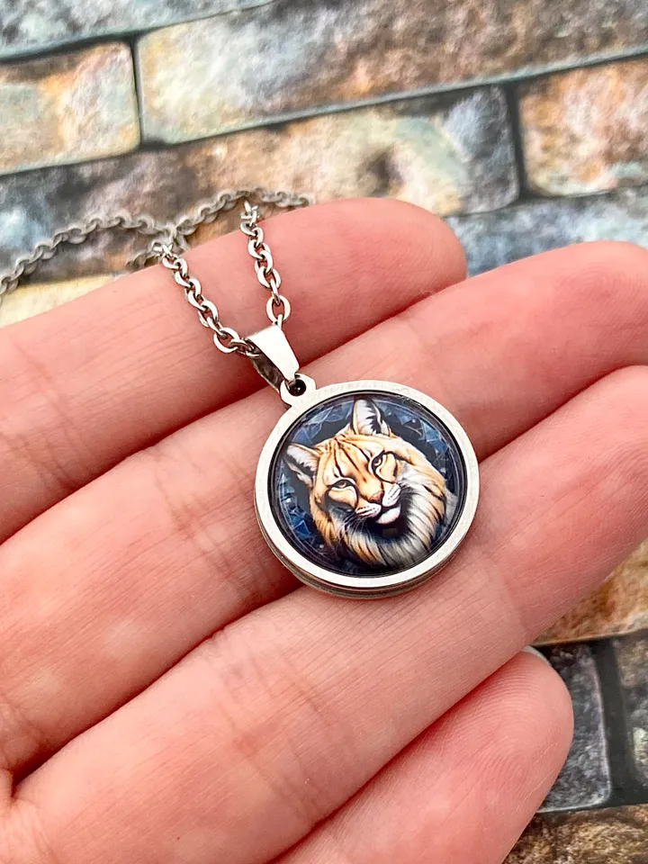 Bobcat head necklace, steel pendant with glass, Lynx lover gift, Wild cat charm
