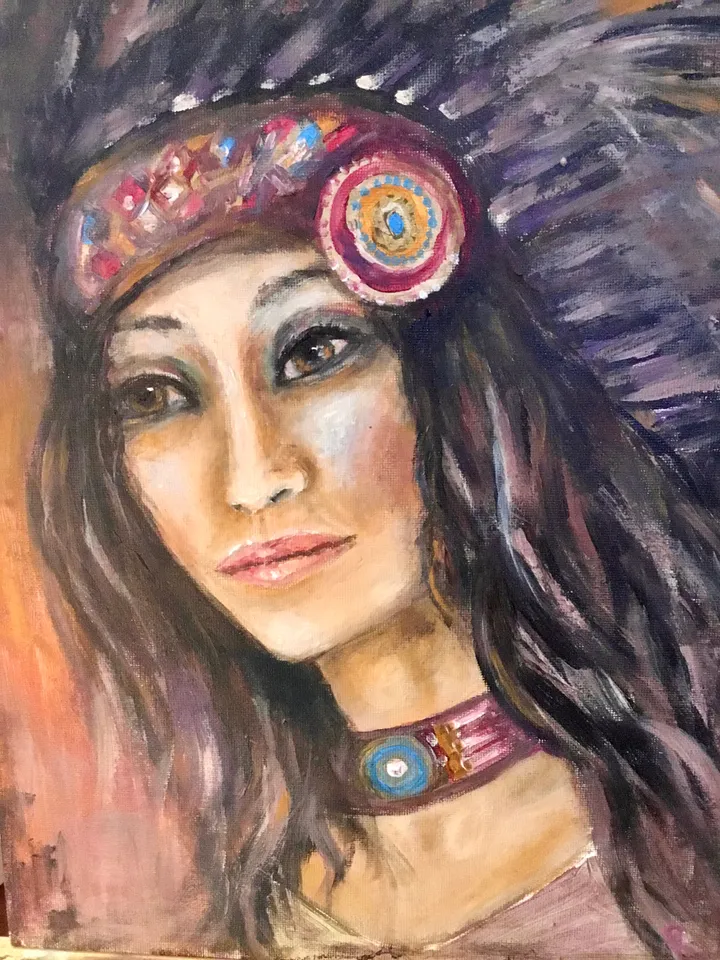 Native American queen original acrylic painting on canvas board,woman in national cloths,home decoration wall art,one of a kind.