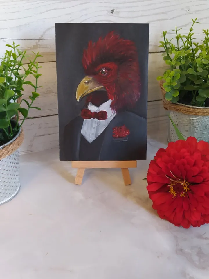 Oil painting "Red Rooster in costume", miniature, about 4*6 inches (10*15 cm)