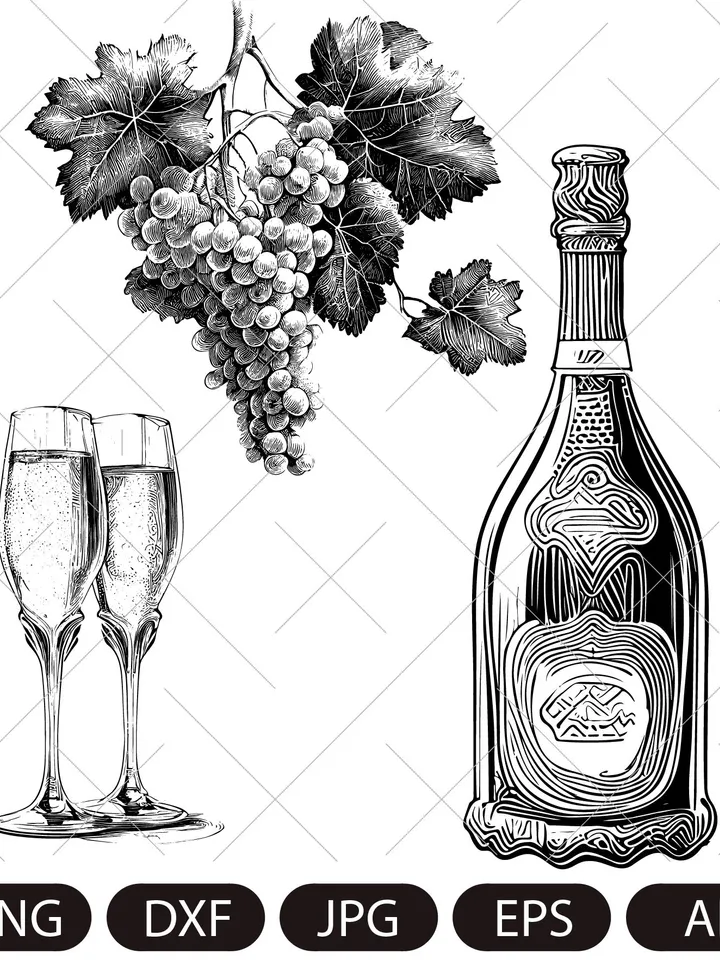 Wine set svg/bottle of wine/grapes/champagne glasses