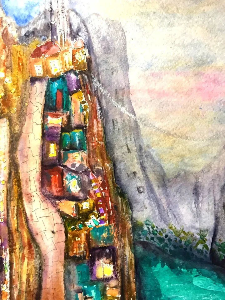Abstract watercolour painting,original watercolour wall art,fantasy landscape,architecture and cityscape painting.