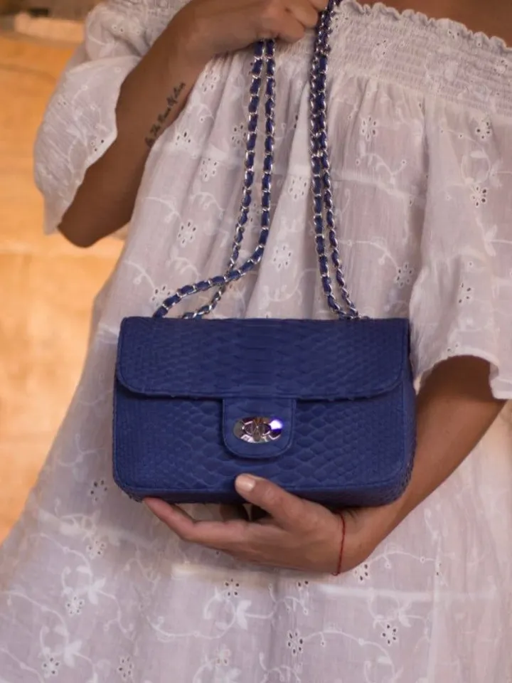 Blue Genuine Python Skin Crossbody Chain Bag | Bright Summer Bag | Elegant Women Bag | Chain Strap Crossbody Deep blue classy Purse