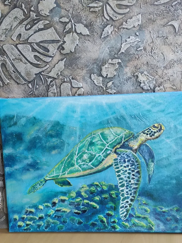 To the sun sea turtle underwater world oil on canvas 40x30 cm three-dimensional painting