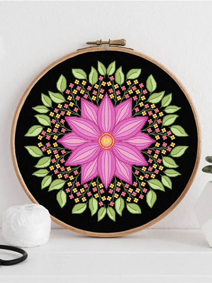 Floral mandala cross stitch pattern PDF download Simple mandala ornament hand embroidery PDF, Spring flowers cross stitch chart #M199