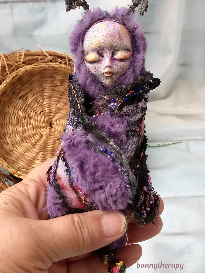 Art doll Moth 5.9 inches, Fantasy cute creature.