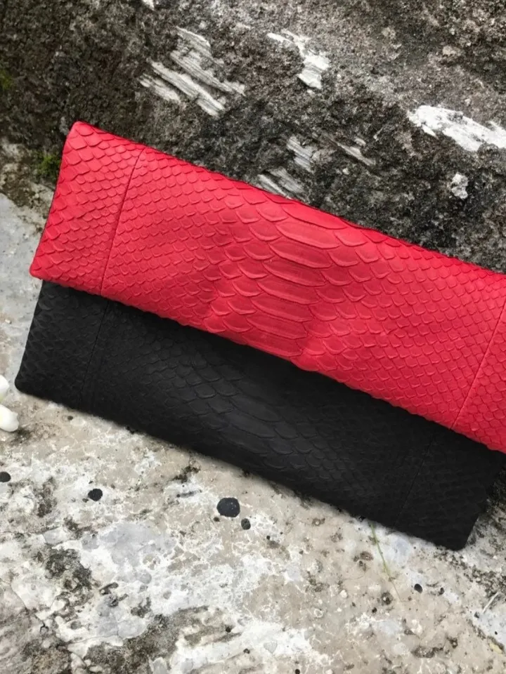 Genuine python skin black and red colorblock handmade clutch, classy elegant leather envelope bag, purse free shipping, flat snake clutch
